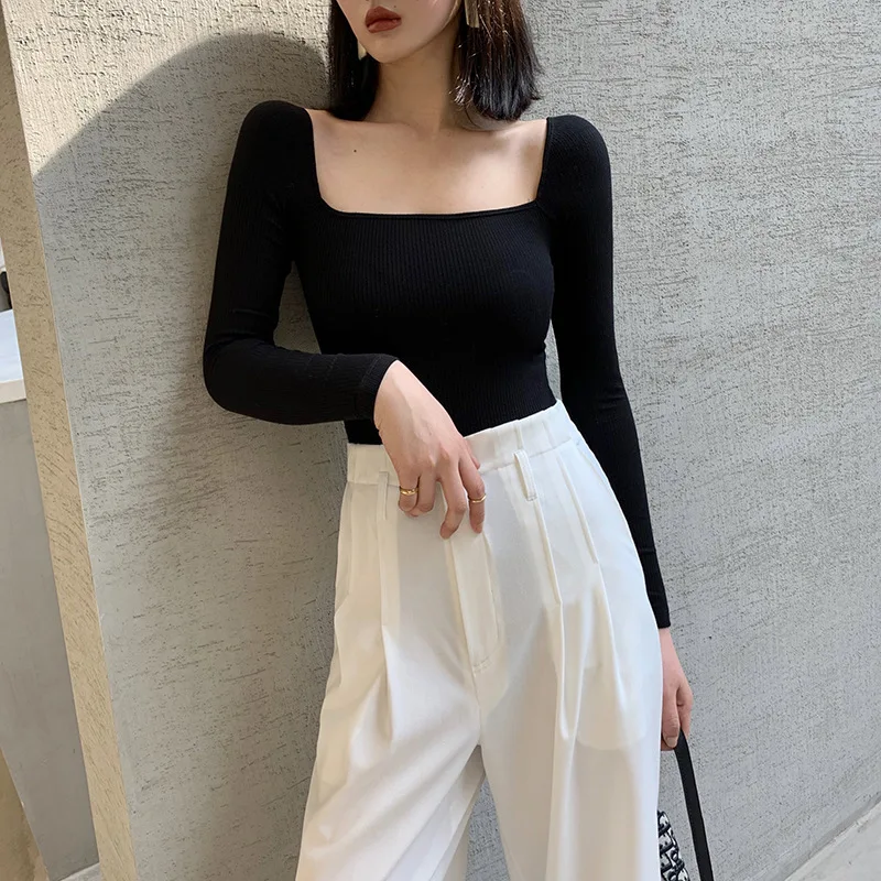 

Повседневная Женская футболка Zoulv 2020, топ с квадратным вырезом, черный офисный женский элегантный пикантный однотонный пуловер из мерсериз...