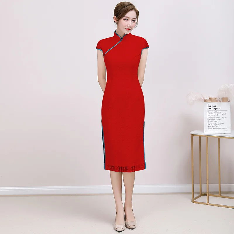 

Short Sleeve Lady Straight Dresses Cheongsam Skirt Vintage Mandarin Collar Qipao Sexy Split Lace Embroidery Floral Gown Vestidos