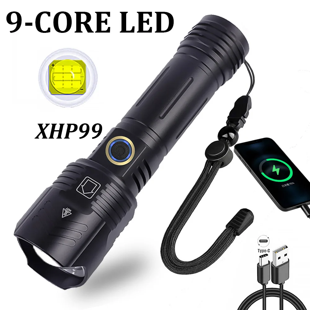 

XHP99 Flashlight 9-CORE LED Military High Lumens USB Rechargeable Lantern Waterproof Zoomable Hunting Hand Torch Light