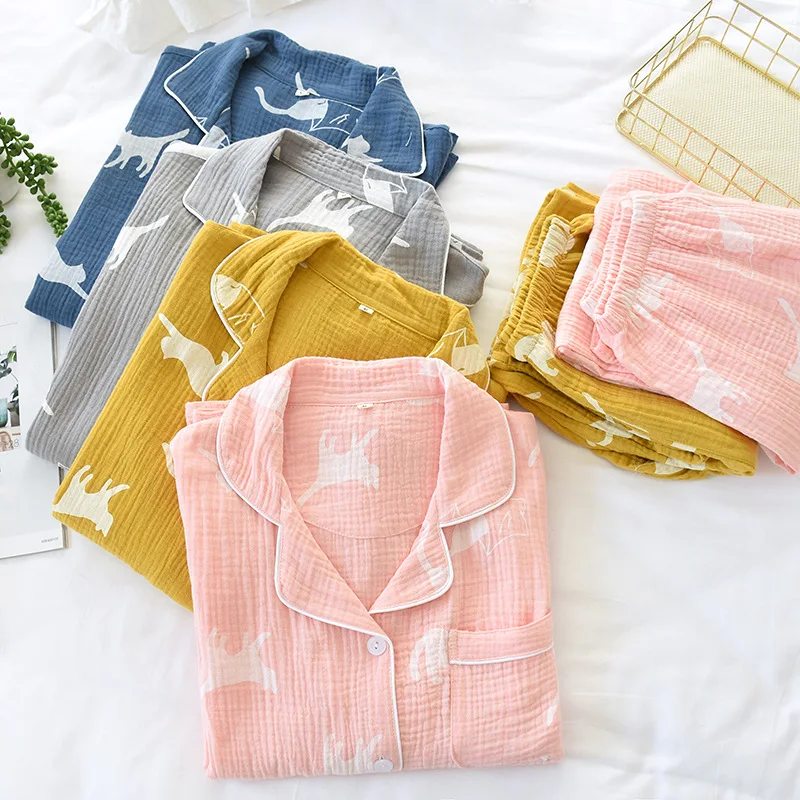 Парные 100% хлопчатобумажные марлевые пижамы для мужчин и женщин брюки с длинным