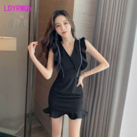 ldyrwqy 2021 summer new french temperament deep v self cultivation ruffled fishtail solid color hip dress polyester
