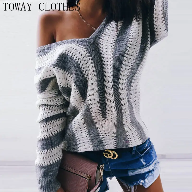 

Women Long Sleeve Colorblock Hollow Out Knit Casual Sweater Striped V-Neck Casual Sweaters