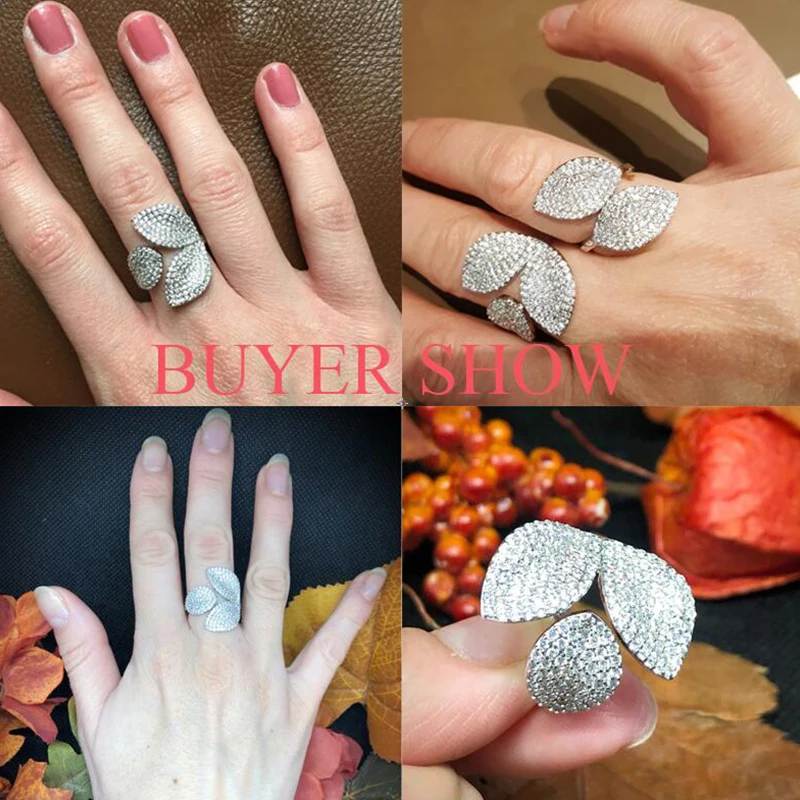 

Big Leaf Rings For Women Cz Pave Setting Elegant Unique Design Rose Flower Open Adjustable Finger Jewelry For Party CRP2033E