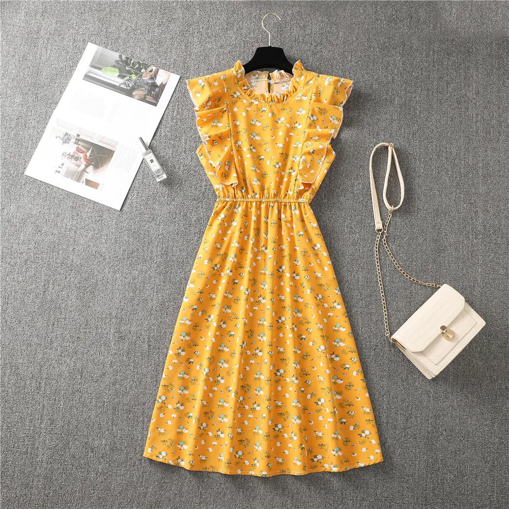 

Floral Print Chiffon Dresses Women Office Sleeveless Ruffle Mid-calf Dress Sweet Polka Dot Beach A Line Slim Party Dress Vestido