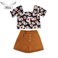 girls flower short sleeved short blouse and shorts two piece suit fashion clothes kids clothes kids boutique clothing wholesale