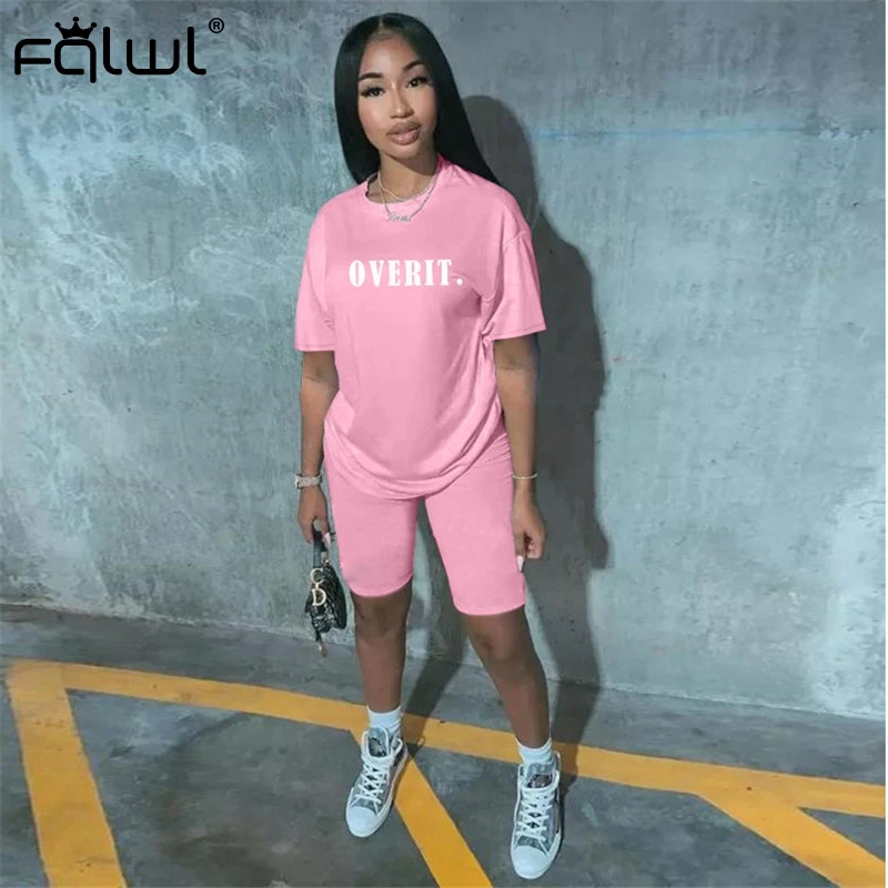 

FQLWL Pink White Two 2 Piece Set Women Biker Shorts Set Summer Outfit Overit T Shirt Women Ladies Tracksuits Female Matching Set