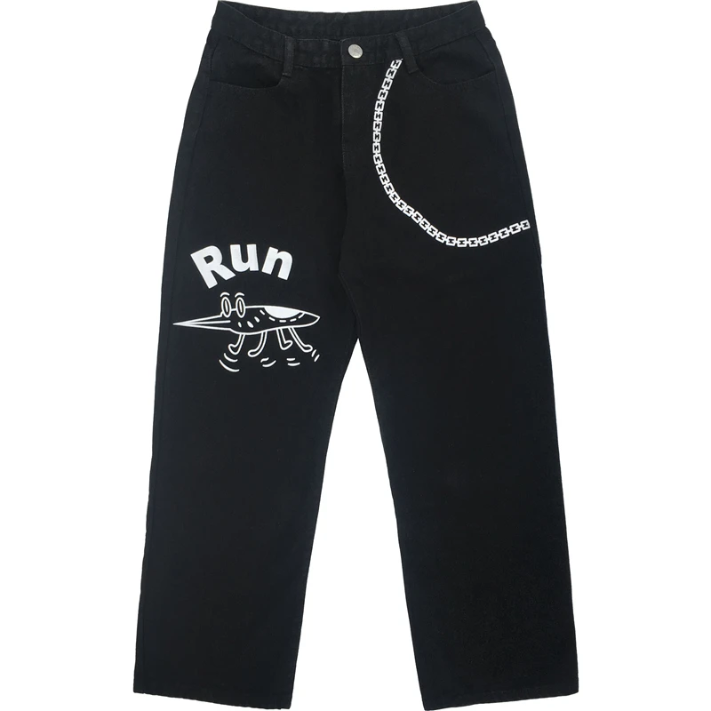 Harajuku Jeans Female Vintage Wash Women Fashion Chain Loose High Waist Cartoon Print Casual Trousers | Женская одежда