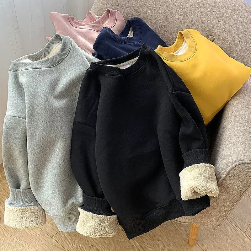 

Vintage Basic Long Sleeve Sweatshirts Pullover 2021 Autumn Winter Womens Thick Fleece Warm Sweat Shirt Loose Casual O Neck Top
