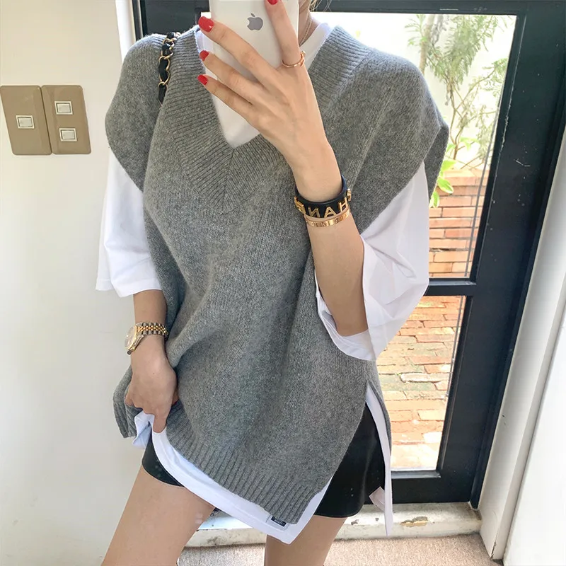 

New Loose Sleeveless Sweater Spring Autumn Women Vest Sweaters Knitting Vest Joker Knitted Vest Wool Oversize Girls Pullover