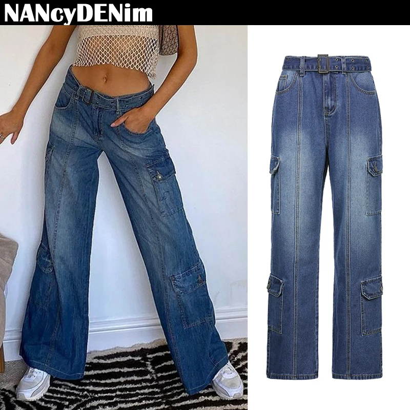

Women Fashion y2k Straight Baggy Jeans Pants Feminina Pantalones de mujer Streetwear Mom Denim Trousers with Sashes Pockets