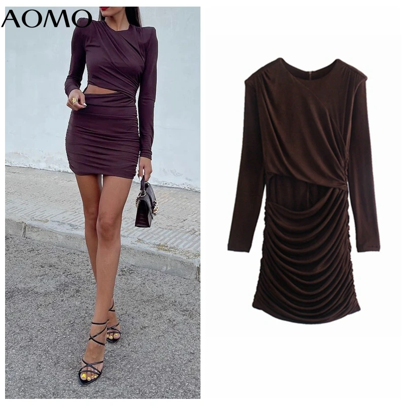 

AOMO Women Simple Dress Cut-out Bodycon Dress New Arrival Long Sleeve Ladies Mini Robe QJ114A