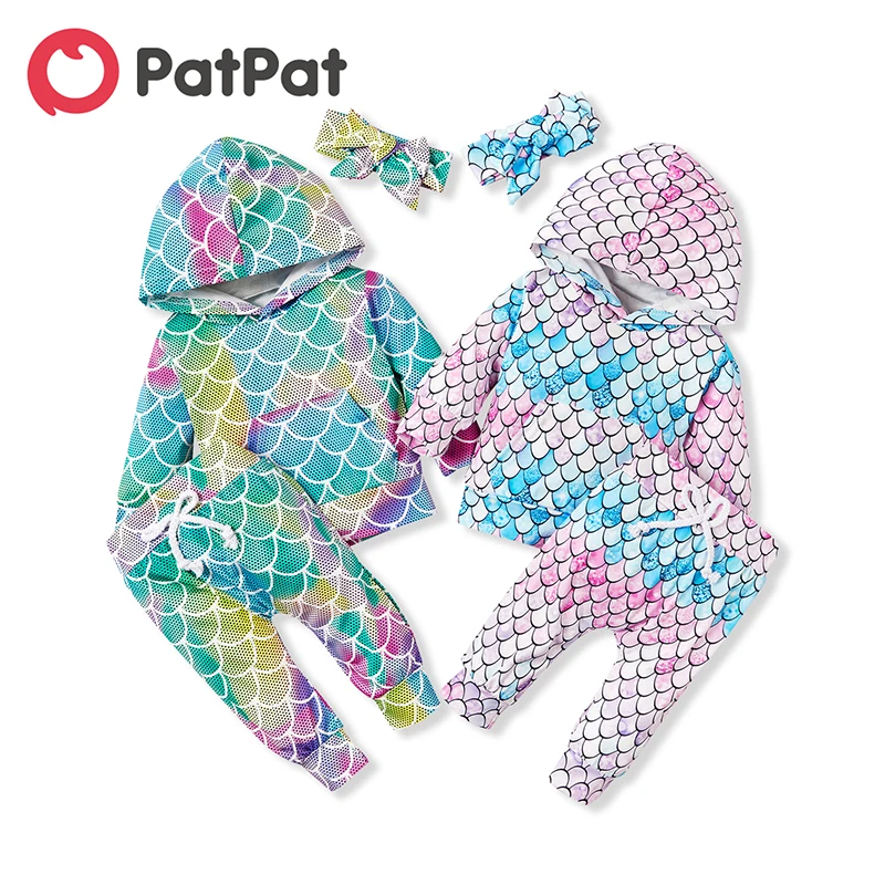 PatPat 2020 New Spring and Autumn 3-piece Fish Scale Print Hoodie Pants Set for Baby Girl Boy Sets Clothes | Детская одежда и