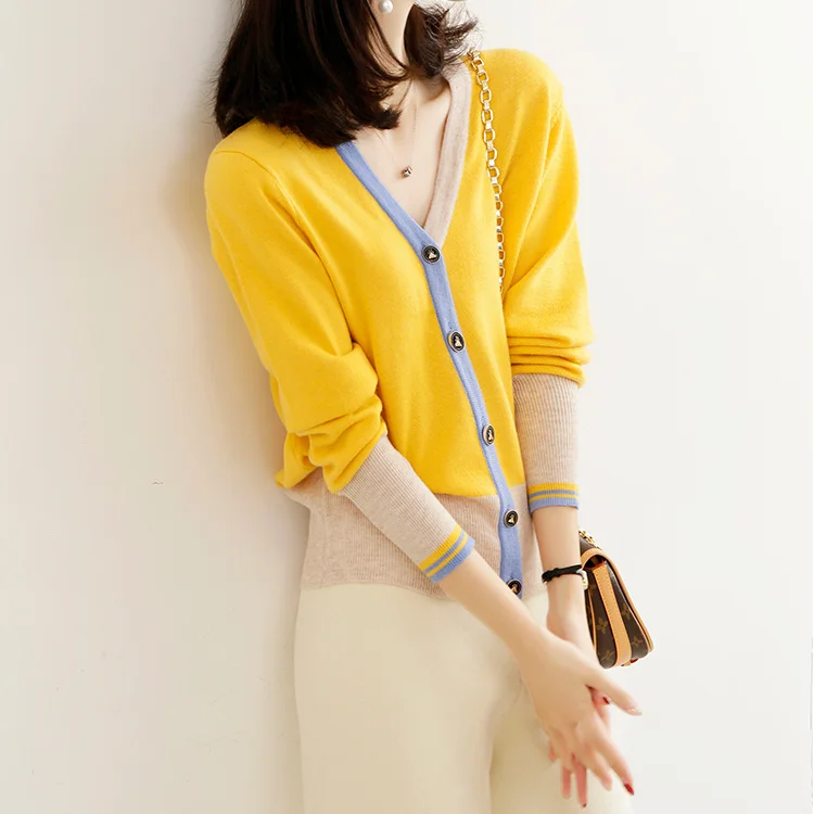

Модный и Красивый Вязаный Кардиган cмаз, пальто для женщин, свитер контрастных цветов, новинка 2021, Женский Яркий Универсальный