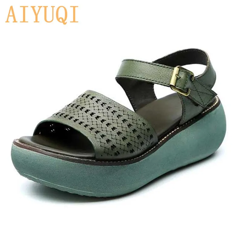 

AIYUQI Retro Women Sandals Genuine Leather 2022 New Hollow Platform Casual Muffin Bottom Open Toe Roman Sandals Women