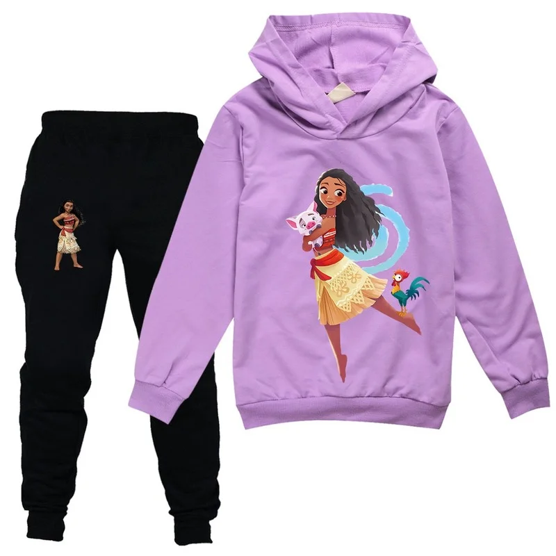 Костюм Moana Hoodie Suit Fashion Vaiana Print осенний повседневный костюм с капюшоном для девочек, состоящий из спортивных брюк и толстовки в двух частях, одежда для спорта и отдыха.