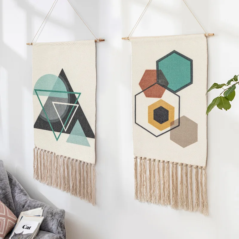 

Nordic style Home Decor cotton Tassel Handmade Woven Wall Hanging Tapestry colorful printing hand knotted wall decoration