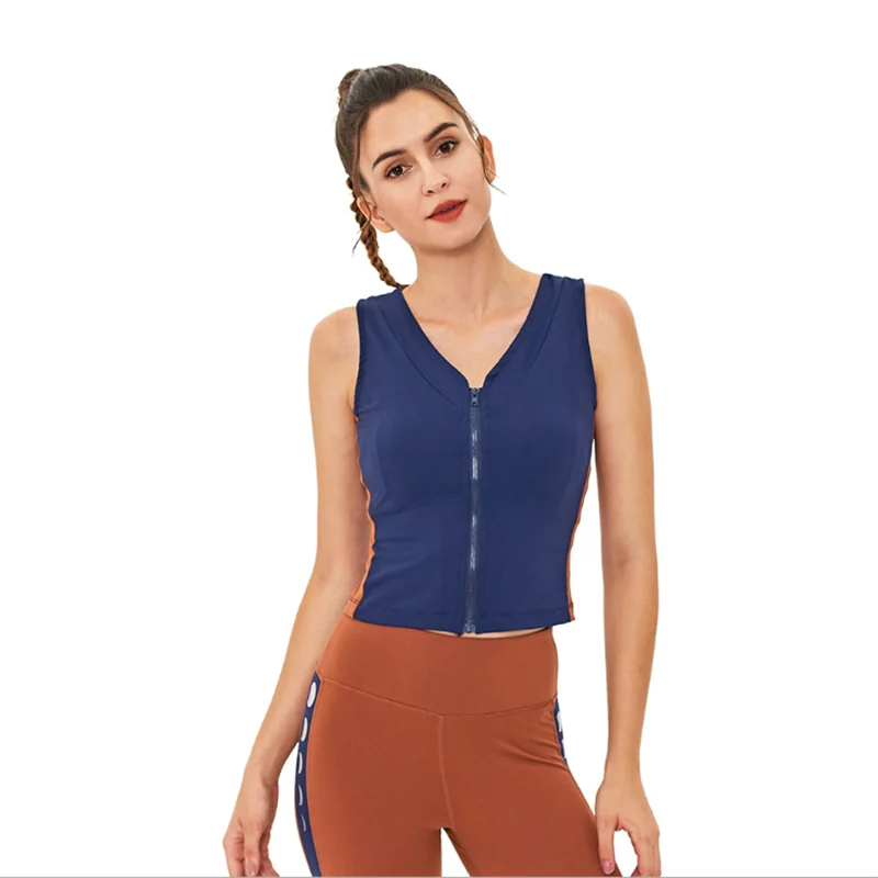 

New yoga wear women fitness sportswear slim sleeveless print vest zipper top