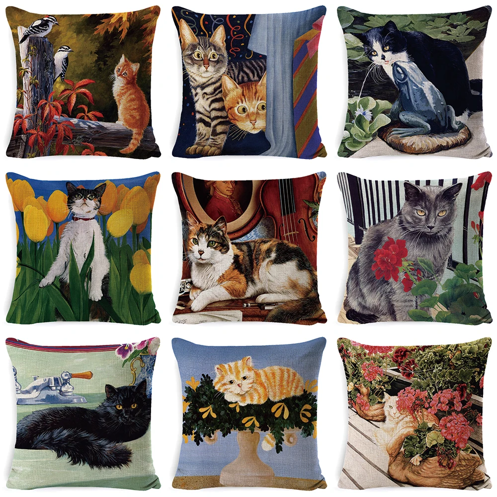 

Cute Cartoon Watercolor Cat Print Pillow Cover 45*45cm Textile Cushion Covers Linen Pillow Case Sofa Home Decor Pillows Cases 가을