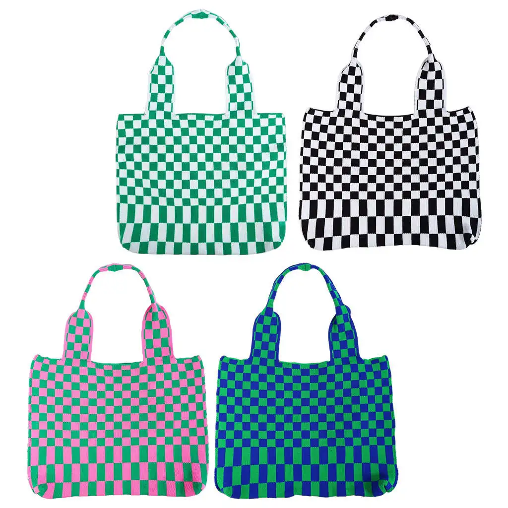 Tote Soft Simple Shopping Bag Large Capacity Casual Chic Checkerboard Women Knitted Shoulder Bag Handbag Books Bag