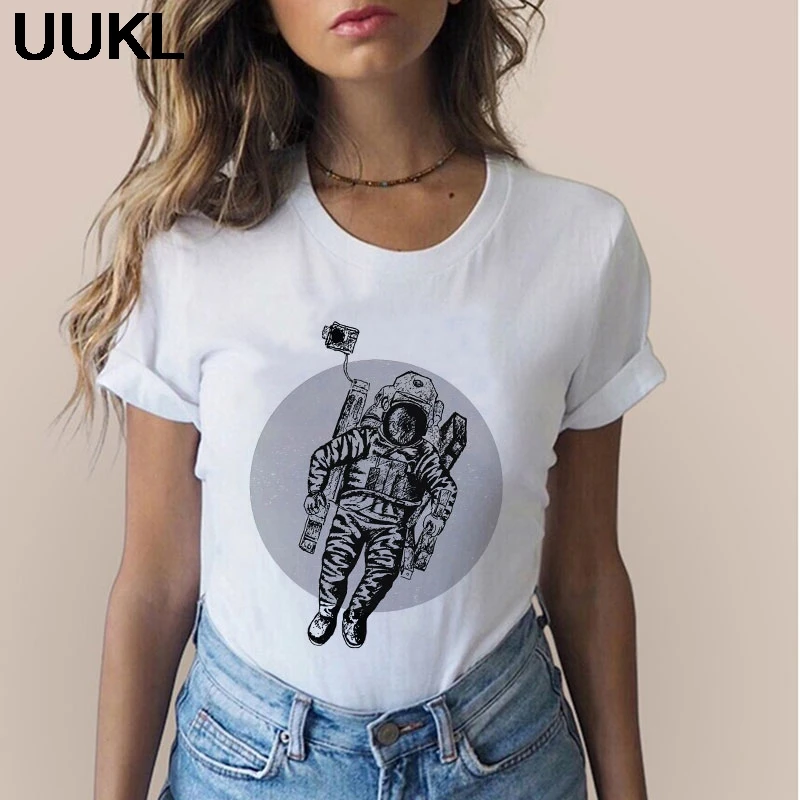 Летняя мода Mujer 2020 белая футболка Harajuku Fashoin Забавный астронавт Женская для отдыха
