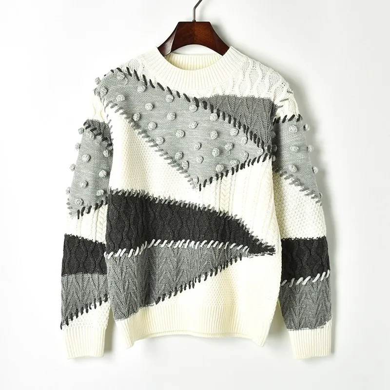 2018 геометрический лоскутный женский свитер с объемным помпоном осенне-зимний