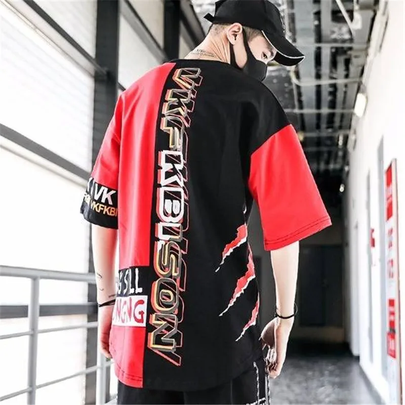 

Men's Fashion T-Shirt Patchwork O-Neck Hip Hop Loose High Street Clothing 2021 Summer Hot Sale Red Trendy Comfortable Top S-4XL