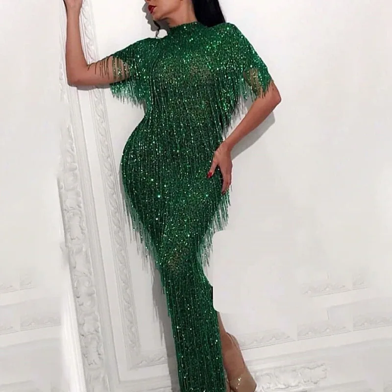 

Evening Party Dresses Women Sexy Sequin Tassel Empire Floor-Length Bodycon Dress Elegant Festival Femme Robe Vestido De Mujer