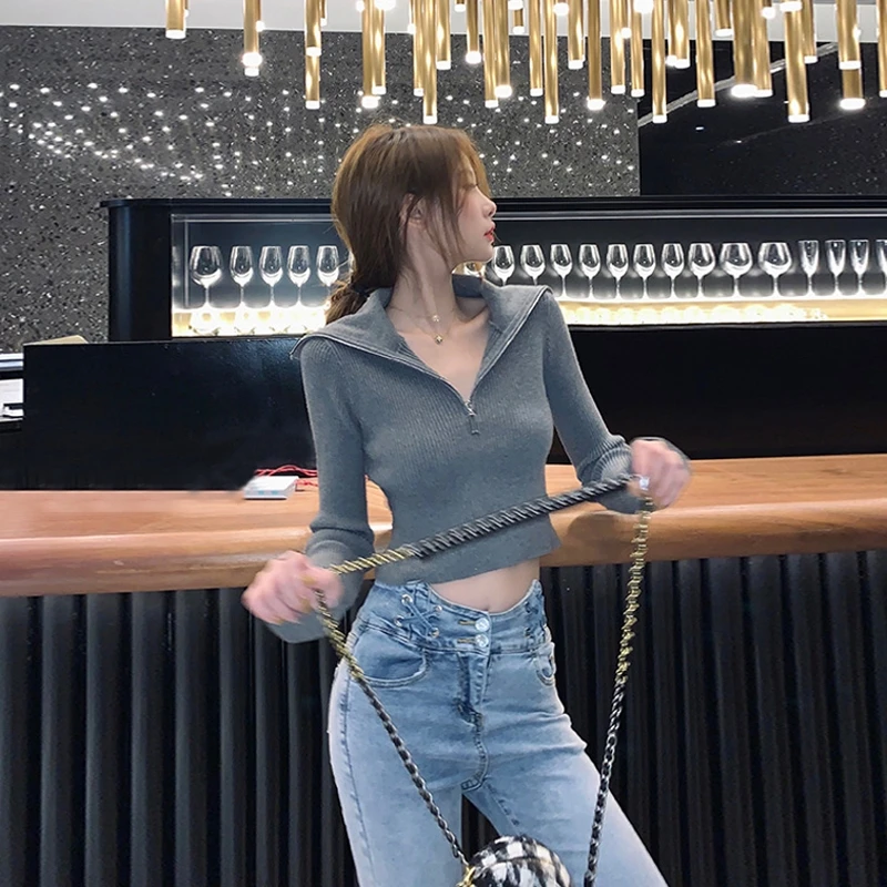 

Turtleneck Zipper Front Knitted Ladie Sweater Women Top Solid Basic Cropped Pullover Female Winter Autumn Fashion 2021 Clothing