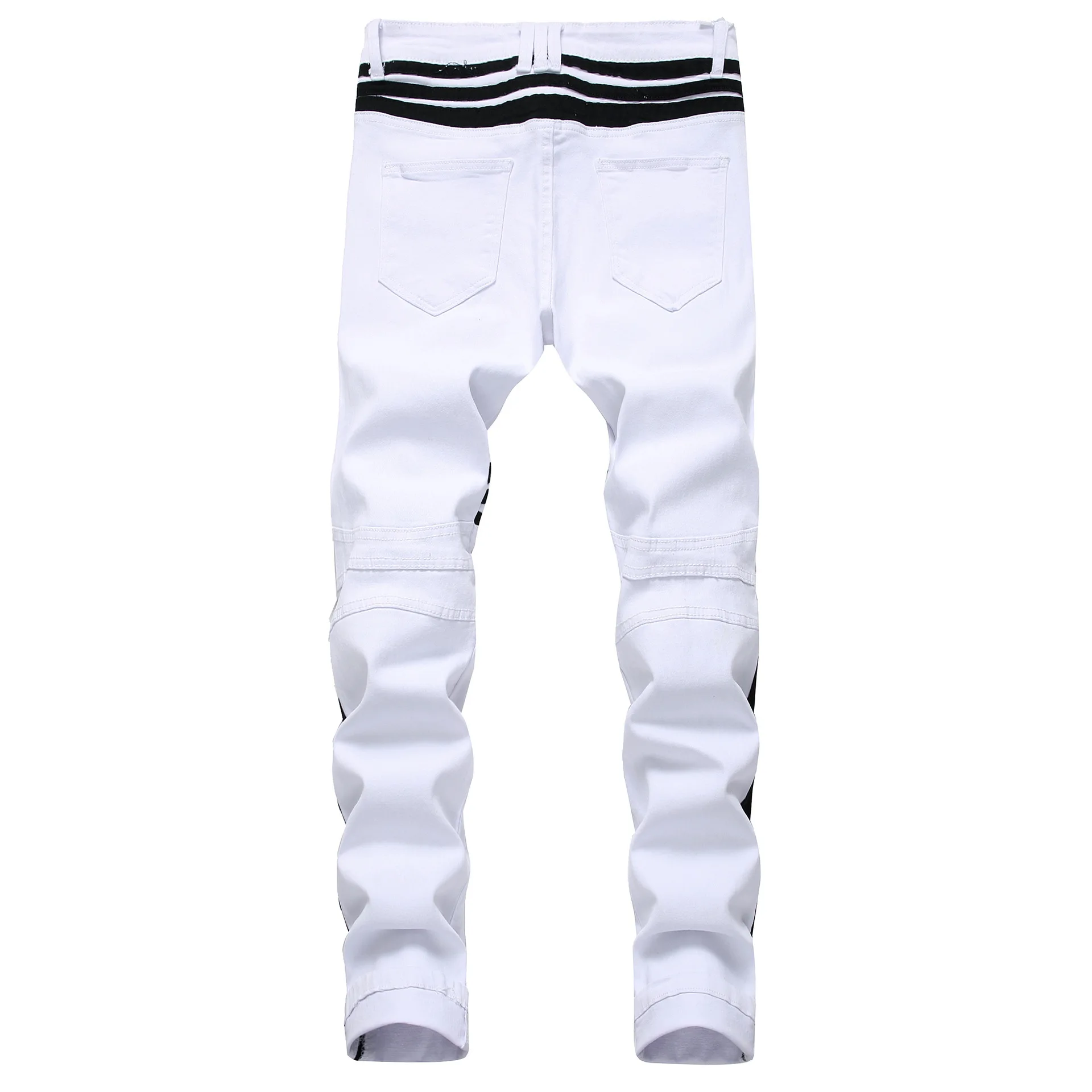 

2020 Men White Zipper Jeans Black Edge Decoration pin tiao Slim Fit Elasticity with Holes Casual Trousers