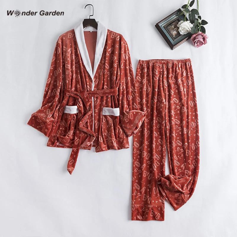 Wonder Garden Fshion Velvet Pajamas Set Woman Warm Sleepwear Letter Printing Casual Two-piece Suit Fall Winter Belt Nightwear