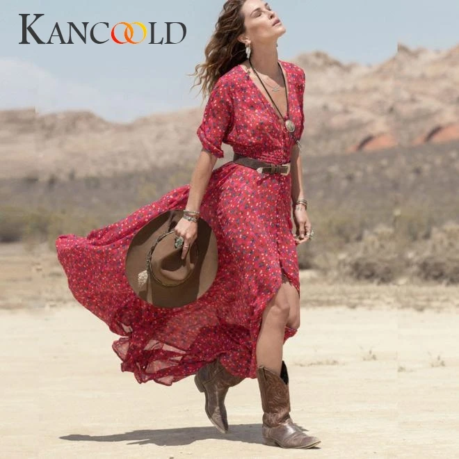 KANCOOLD 2019 Women's V-neck long skirt slim fashion comfortable bohemian dress floral seaside beach | Женская одежда