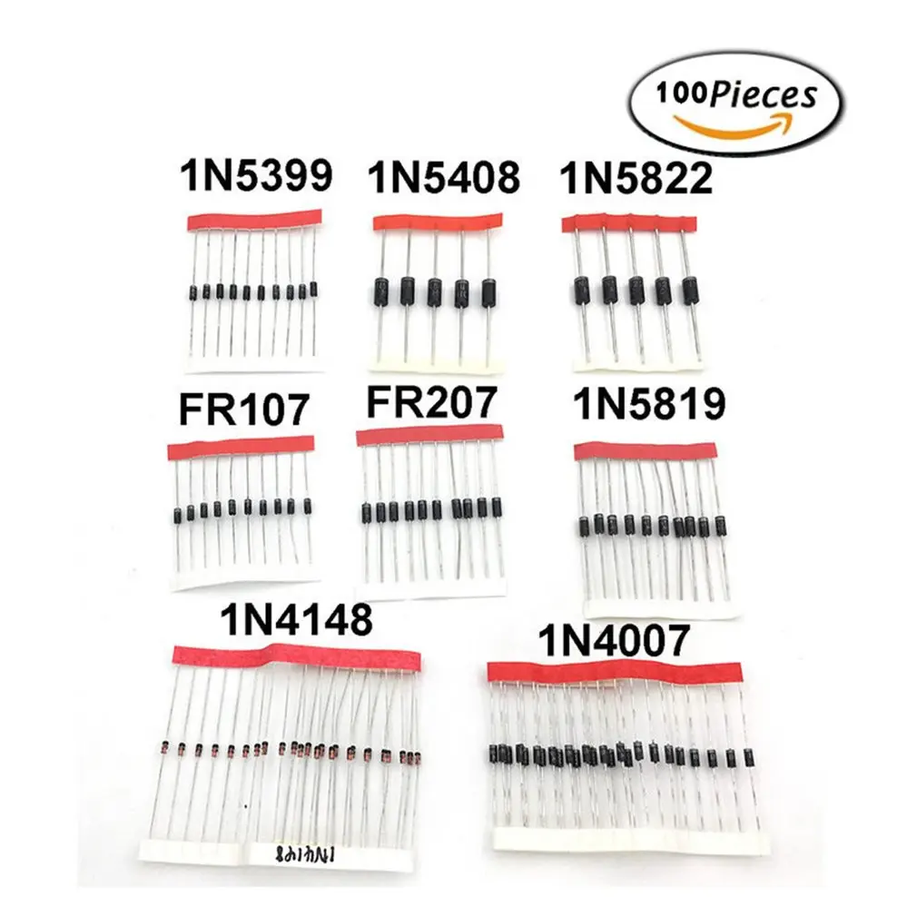 Комплект разнообразных диодов 1N4148/1N4007/1N5819/1N5399/1N5408/1N5822/FR107/FR207 8 видов = 100