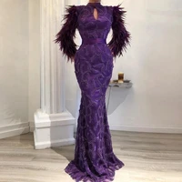 womens long lace appliques prom party dresses high collar full sleeves with feathers evening gown beaded mermaid luxury garment