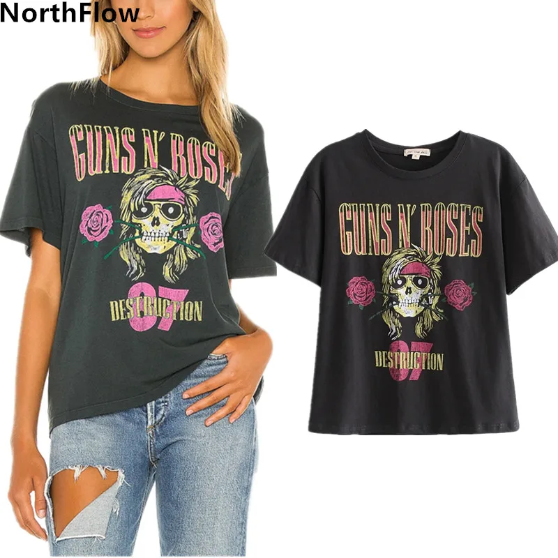 Northflow Футболка Топ для женщин печати пистолеты и Розы черепа топ размера плюс 100%