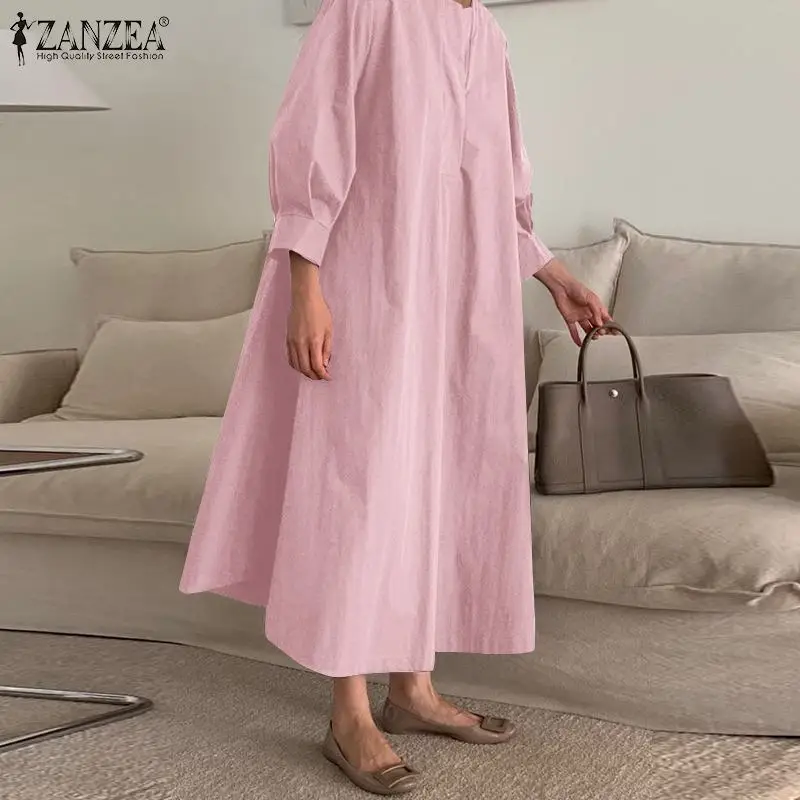 

Платье ZANZEA женское с круглым вырезом, длинный Однотонный сарафан-рубашка с рукавом 3/4, элегантная офисная одежда, на лето