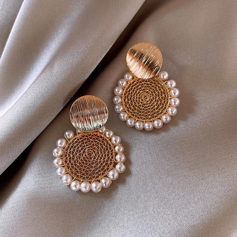 

925 Silver Needle Round Mesh Pearl Earrings Women New Geometric Exaggeration Inlaid Rhinestone Retro Fashion Design Ear Pendant