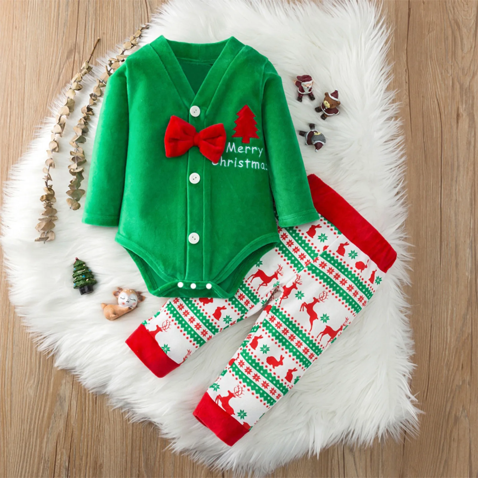 

Christmas Newborn Clothing Toddler Boys Girls Clothes Set Cotton Stripe Deer Rabbit Print Long Sleeve Bow Romper Outfit Suit
