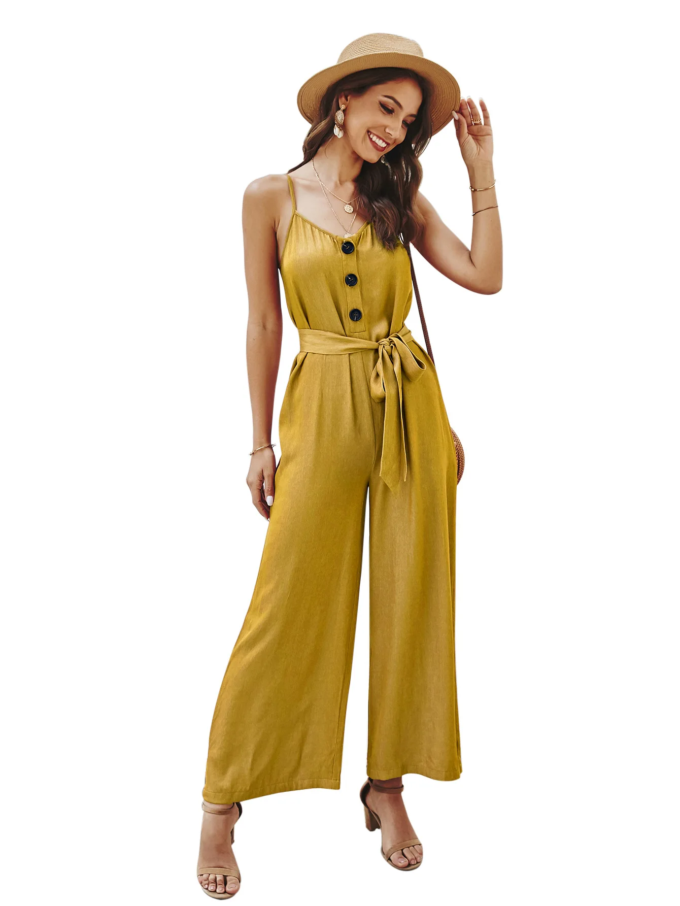 

Summer Women's Fashion Suspenders Jumpsuit Waist Solid Color Strap Casual Trousers