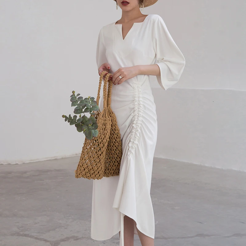 GALCAUR Drawstring Ruched женские платья три четверти рукав с высокой талией Асимметричные осенние платья Женская мода одежда