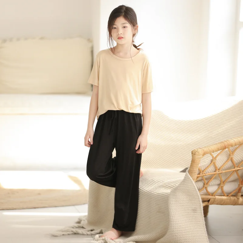 

New 2020 Summer Girls Clothing Set Children 2pcs Cotton solid T-shirts and loose Pants set Teenage Girls Outfits 10 12 14 Years