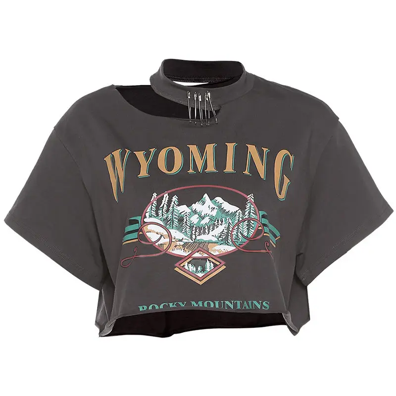 

Ins Streetwear Hipster T Shirts Hollow Out Women's Clothing Off Shoulder Tees Loose Letter Print Casual Summer Crop Top New