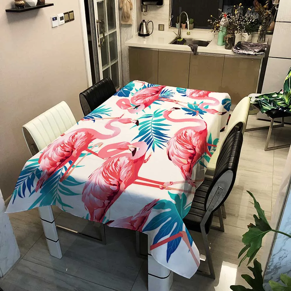 Декоративная льняная плотная скатерть с фламинго розовая водонепроницаемая