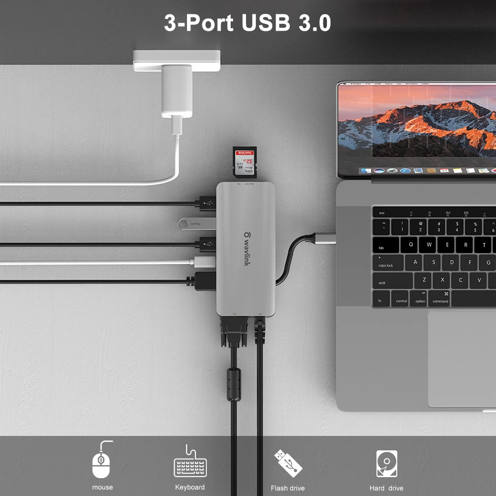 USB-концентратор Wavlink usb-c/HDMI VGA 4K 30 Гц USB 3 0 Разветвитель RJ45 PD Type-C 1 для ноутбуков MacBook