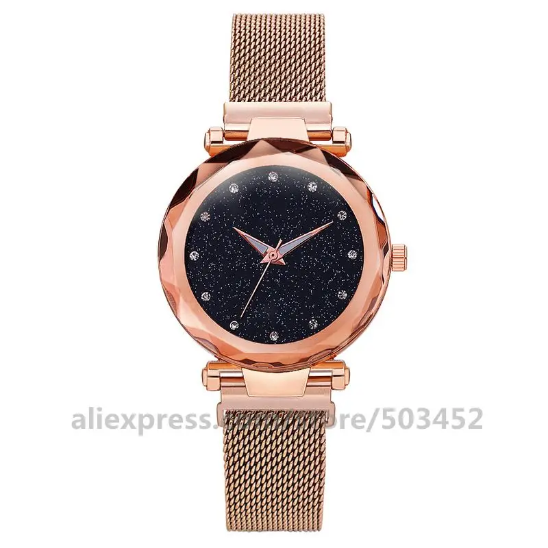 rose gold case 100 шт./лот, женские часы с цветным сетчатым ремешком, кристальным циферблатом, без логотипа, кварцевые наручные часы,, женские сетчатые часы для ленивых, звездное небо - Цвет: rose gold case
