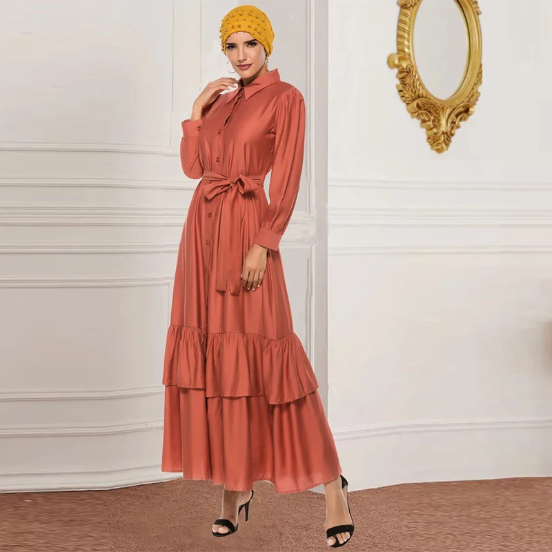 Мусульманское платье Дубай Турция элегантное модное с отворотом и поясом