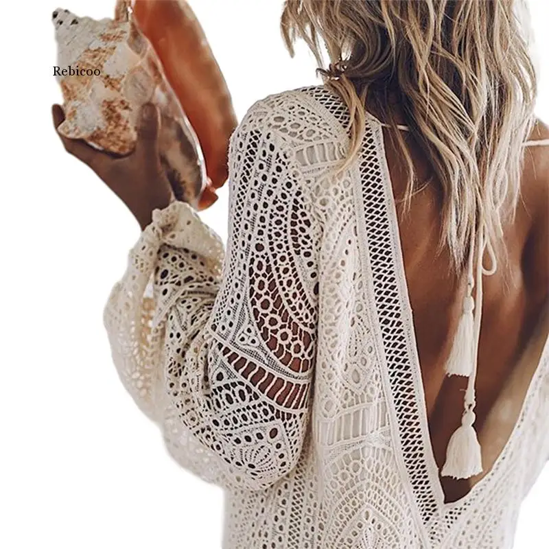 

Summer Women's Long Sleeve Lace Sheer Dress Fashion Sexy Hollow Deep V Neck Loose Mid-Length Dress Beach Cover Bohemian Dress