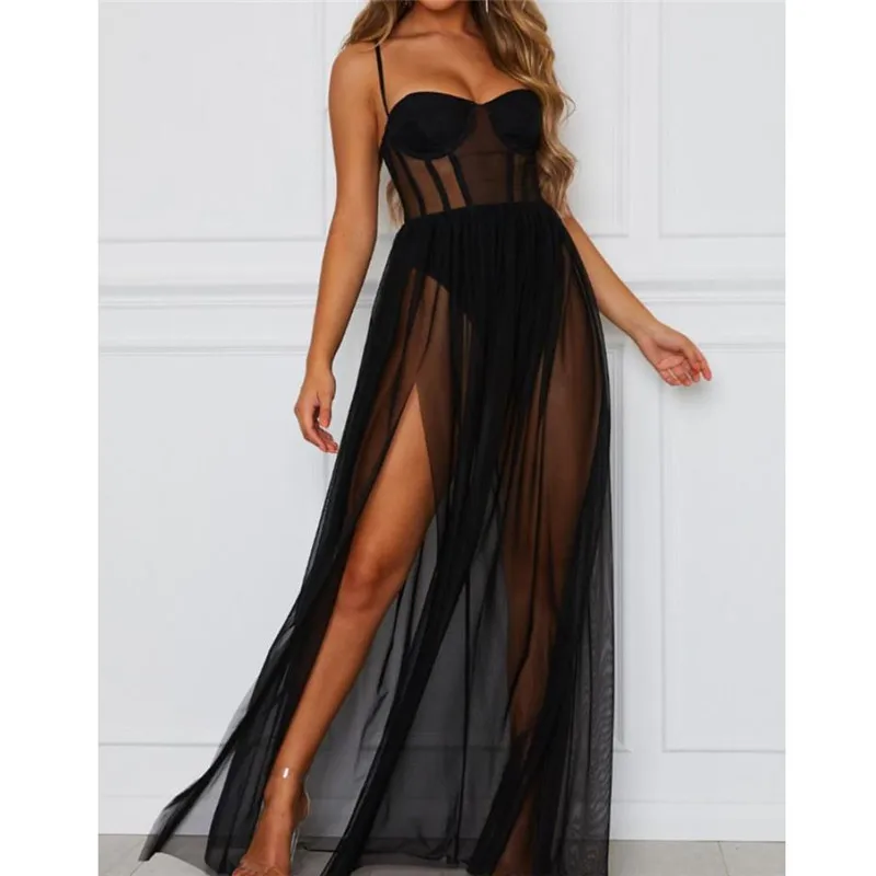 Sexy Perspective Womens Mesh Gauze Sling Dress Sleeveless Strapless High Waist Party Long Side Slit Backless Sundress | Женская одежда