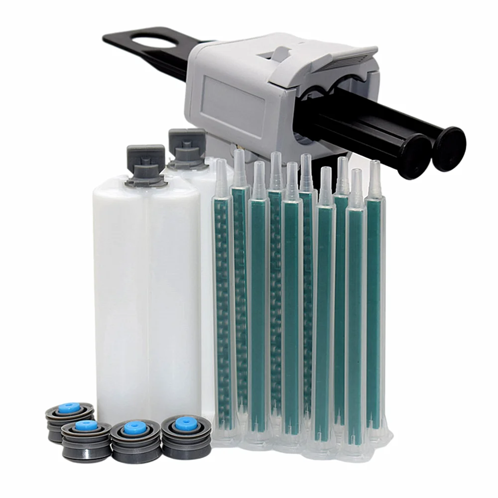 

50ml 1:1 Manual Caulking Gun AB Glue Gun and 2pc 50ml 1:1 Empty Dual-Barrel Cartridge with 10pcs 115mm Static Mixing Nozzles Set