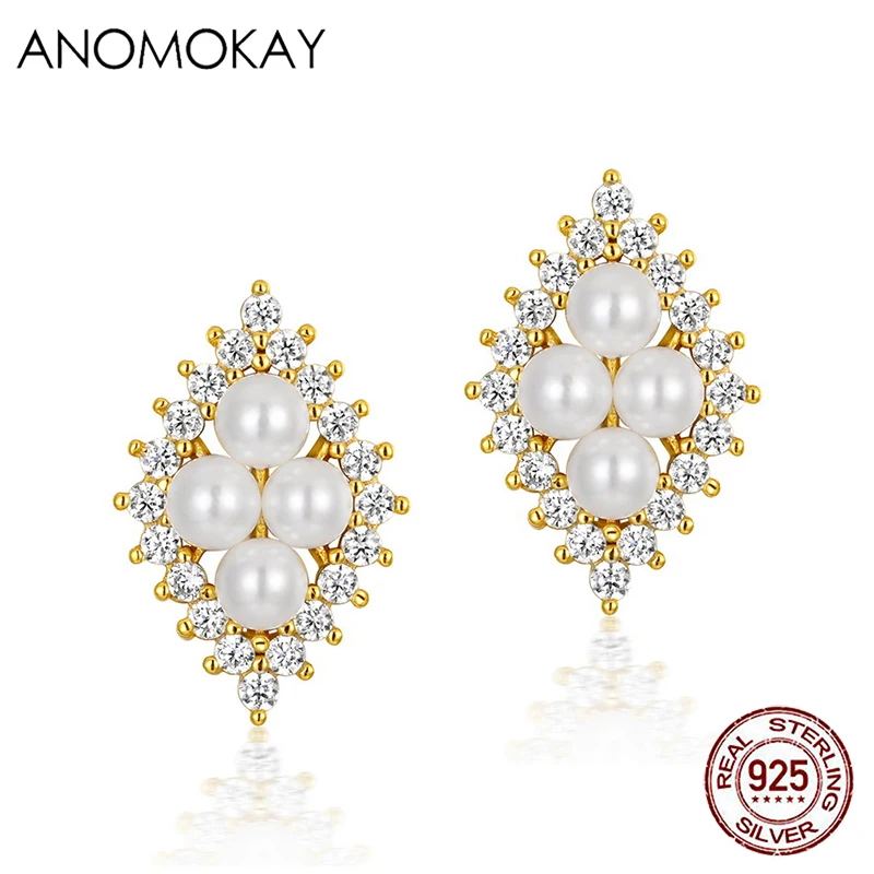 

Anomokay Classic Freshwater Pearl Earrings for Women Girl Gift Gold Color Geometric 925 Silver Pearl Earring Fine Jewelry