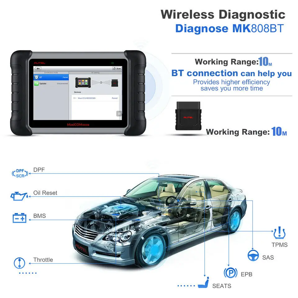 Autel MaxiCOM MK808BT Wireless Car Diagnostic Tool ODB2 scanner 25 Services All System Diagnosis Oil Reset EPB SAS BMS DPF | Автомобили и